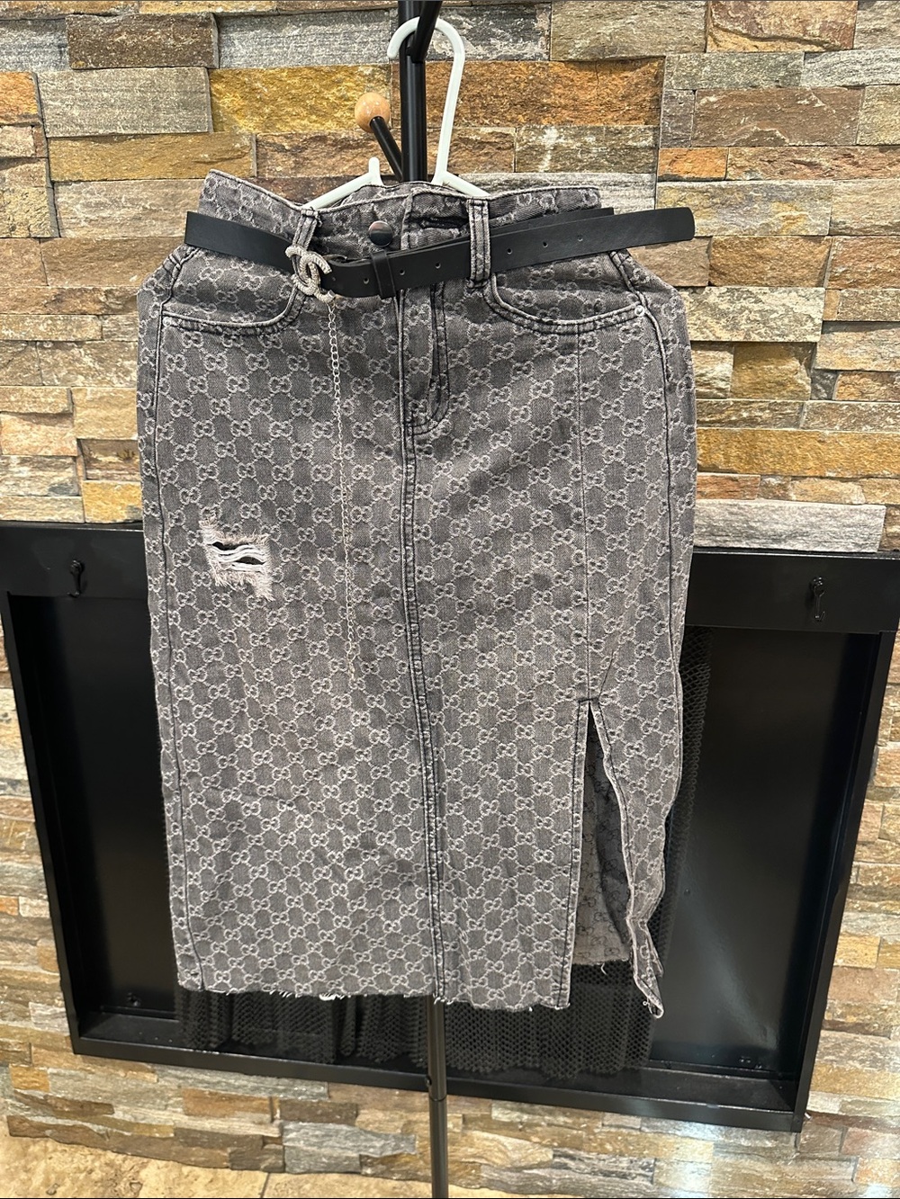 Gray Monogram Midi Skirt with Side Slit and Distressed Detail size S